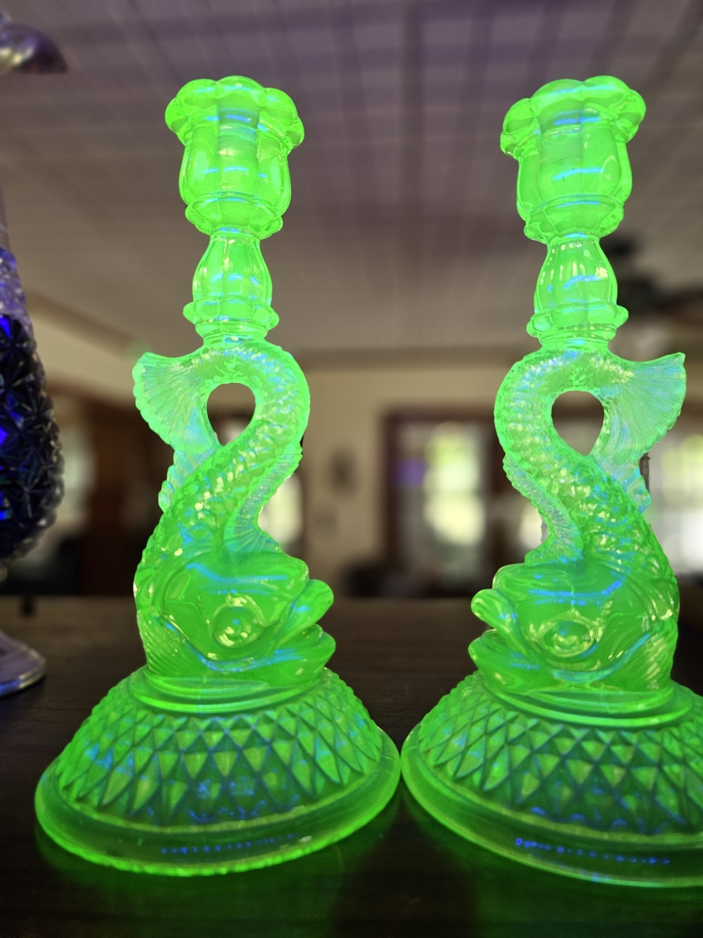 Uranium Glass Dolphin Candlestick Pair - Neon Green Home Art